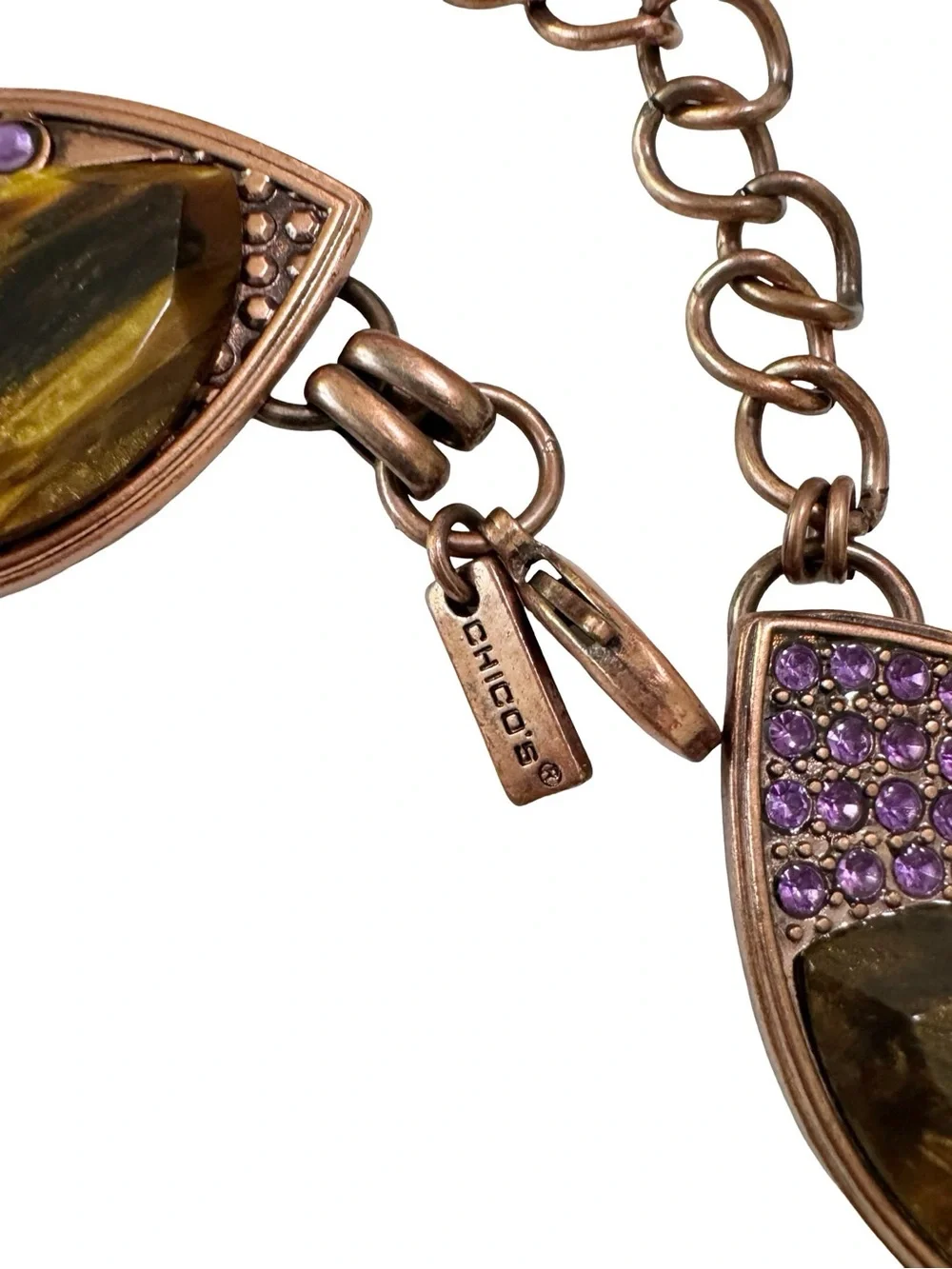 Chico’s Tiger Eye Purple Rhinestone Copper Tone Chain Belt